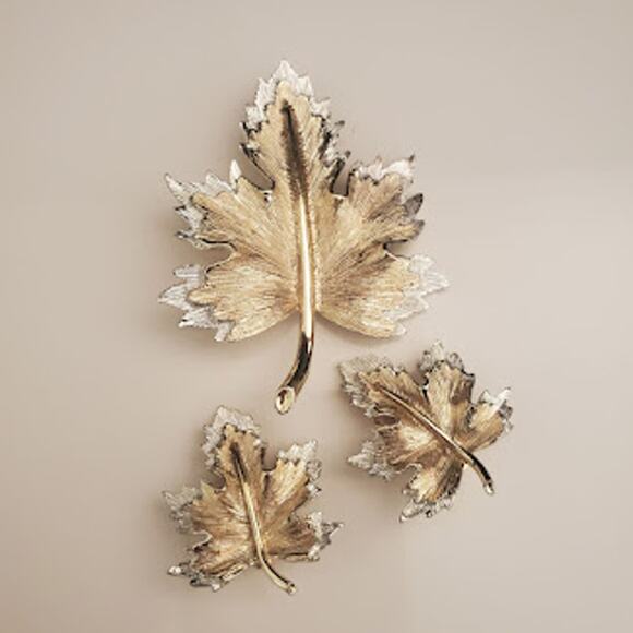 Sarah Coventry Vintage Maple Leaf Brooch & Clip On Earrings Silver and Gold Tone - Picture 5 of 5
